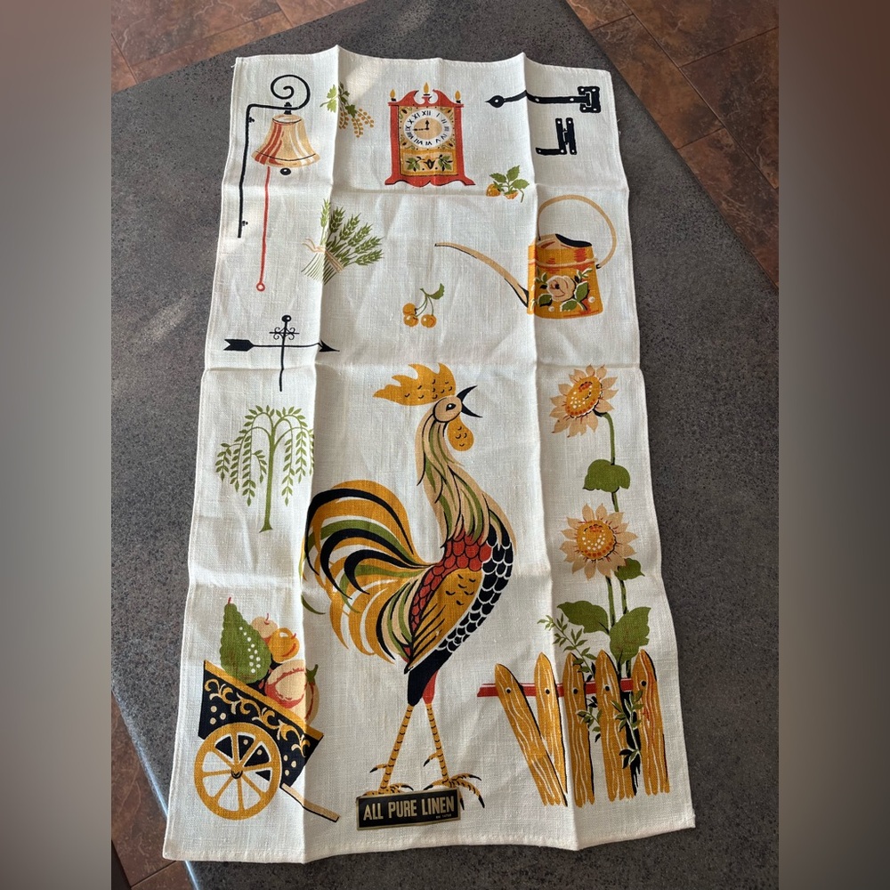 Vintage Unused 100% Linen Rooster MCM Tea Towel